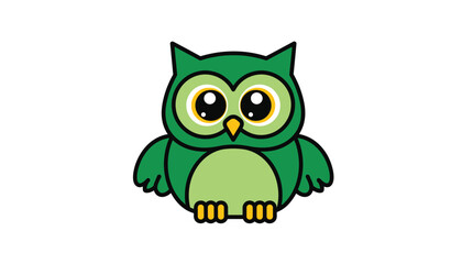 Cute cartoon green owl with big eyes and yellow beak