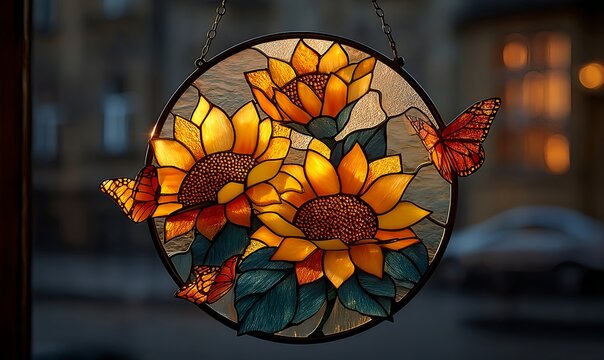 Luminous sunflower stained glass suncatcher crafted with subtle color gradients and intricate glass detailing
