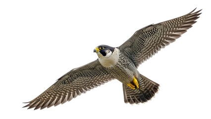 Fototapeta premium Peregrine falcon in flight, wings spread wide, soaring through the air with sharp talons and beak, captured from below.