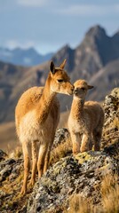 Fototapeta premium Vicuña mother and baby calf standing on rocky mountain terrain with dramatic peaks in background, showcasing wildlife family bond in natural habitat.