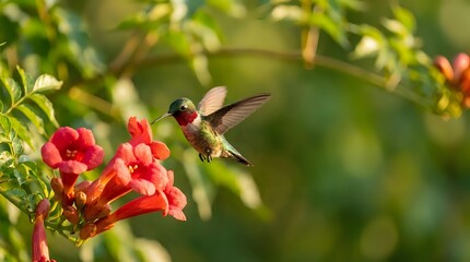 Fototapeta premium Tiny hummingbird with iridescent feathers hovers near vibrant red trumpet flowers in lush garden setting with soft bokeh background during golden hour light.