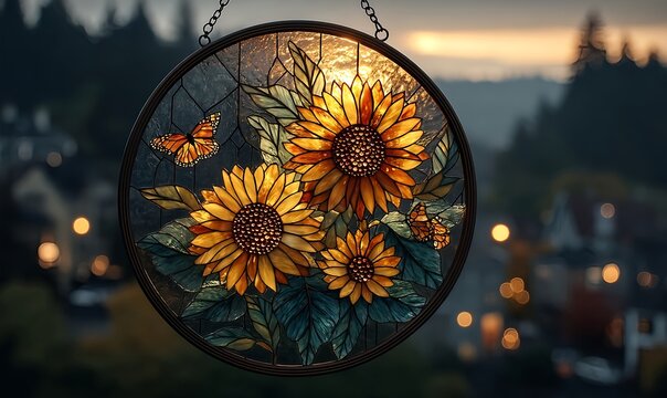 Circular floral stained glass suncatcher blending golden sunflower petals and emerald leaves in elegant hanging artwork