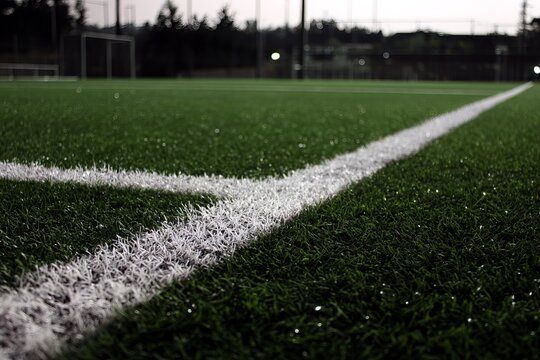Close-up of bright white lines on a green turf soccer field, focus on the corner. Soft light, shallow depth