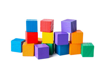 Many colorful wooden cubes on white background