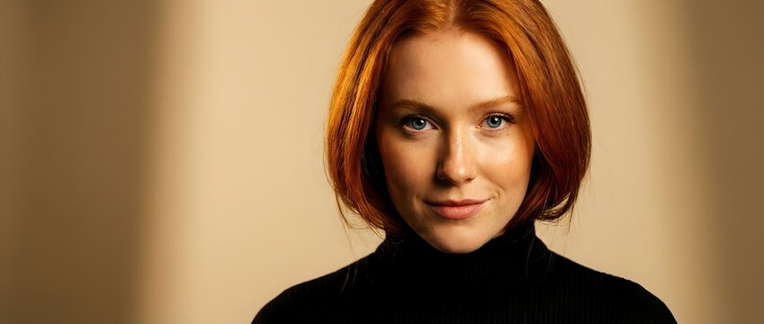 Professional redhead businesswoman in black turtleneck with confident expression and warm lighting for corporate headshot and business portrait photography.