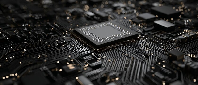 Close-up view of a dark integrated circuit board with a central processing unit, showcasing complex components
