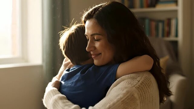 Mother affectionately hugs her young son in warm sunlight at home, sharing a tender moment of love and comfort. Perfect for family, parenting, childhood, and emotional connection themes.