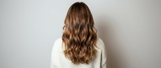 Fototapeta premium Young woman with long wavy brown hair wearing white knit sweater standing with back turned against neutral background for hair care concepts.