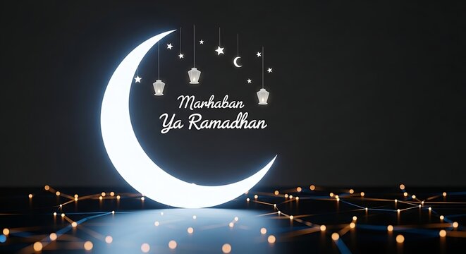Marhaban Ya Ramadhan greeting with glowing crescent moon and lanterns