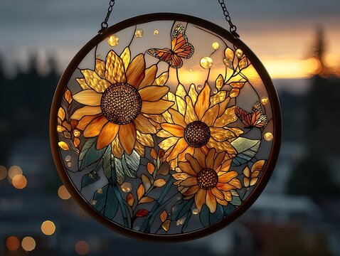 Round stained glass suncatcher with sunflowers and monarch butterflies