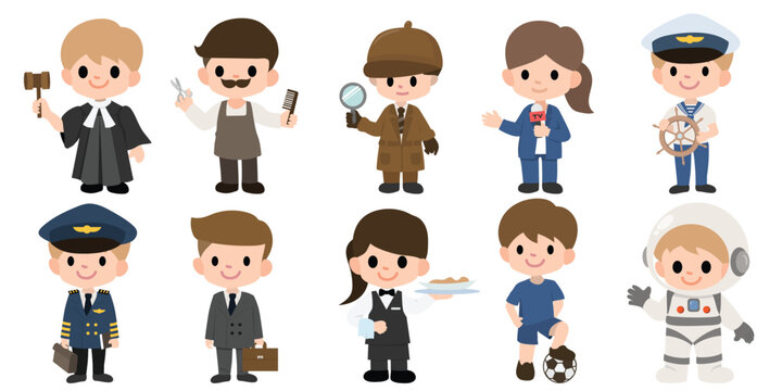 Cute kids in various jobs set. Smiling little boys and girls in uniform with professional equipment colorful, Career, occupation, work, for labor day, may day, vector illustrations