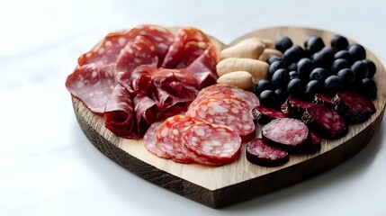 Obraz premium Heart-shaped wooden board with cured meats, salami, olives and nuts for romantic dinner or Valentine's Day charcuterie platter on white background.