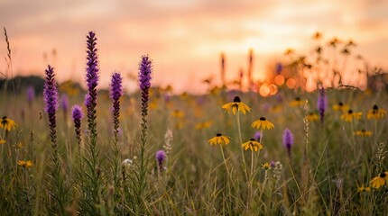 Purple wildflowers and yellow blooms in natural meadow during golden hour sunset with warm bokeh background for nature photography and wellness content.