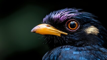 Fototapeta premium Close-up portrait of black corvid bird with iridescent blue purple feathers and bright orange eye against dark blurred background for wildlife photography.