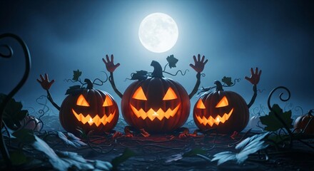 Obraz premium Three glowing jack-o'-lanterns with spooky arms under a full moon create an eerie Halloween night scene, perfect for party invitations, autumn festival promotions, seasonal marketing,