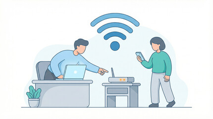 Colleagues Setting Up Wifi Router for Office Internet Connection and Wireless Network.