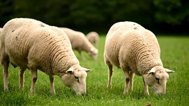 Sheep grazing on a vibrant green pasture, perfect for agricultural documentaries, farm life content, nature films, rural tourism, and organic product advertisements.