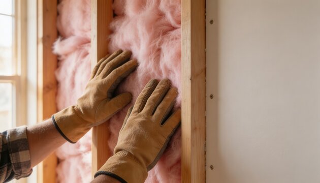 Hands in brown work gloves pressing pink thermal insulation into a wooden stud frame, indicating home building or energy efficiency project.