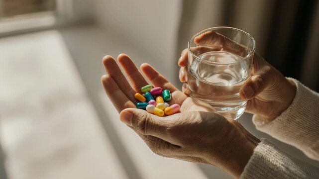 Close up of hands holding colorful capsules and a glass of water in warm light, showing daily medication, supplement intake and healthcare routine at home