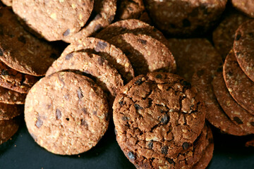 Close up texture of freshly baked chocolate chip cookies