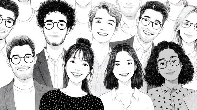 Diverse group of young adults smiles happily, rendered in black and white line art, faces expressing joy and inclusivity together closely.