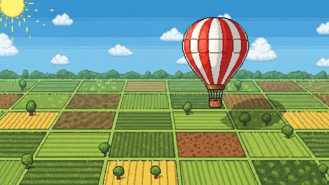 Pixelated scene Red & white hot air balloon above patchwork farmland with trees