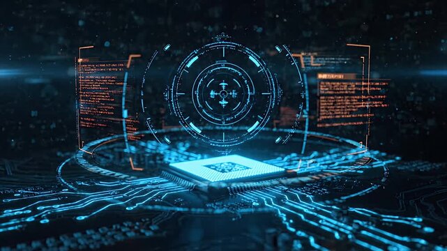 Cinematic Advanced Holographic Tactical HUD with Glowing CPU Circuit Board Animation 4K
