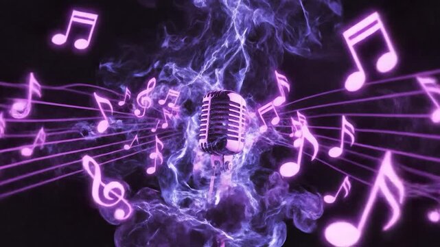 Vintage microphone music notes graphic