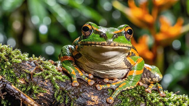 Colorful frog perched on mossy branch