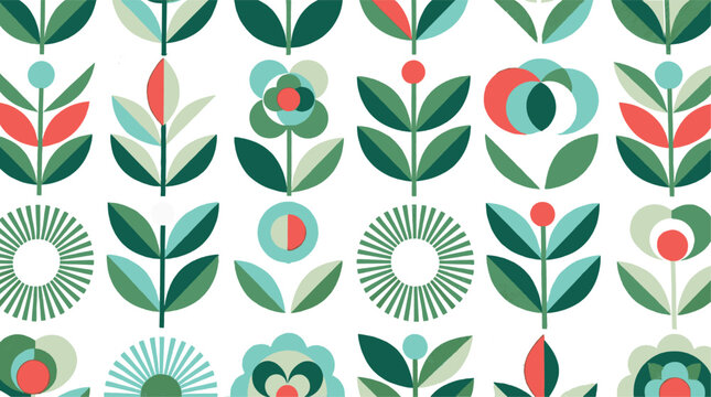  Modern Scandinavian Floral Pattern Vector Seamless with Green Leaves Red Flowers Circles Dots and Geometric Accents for Fabric Wallpaper and Decorative