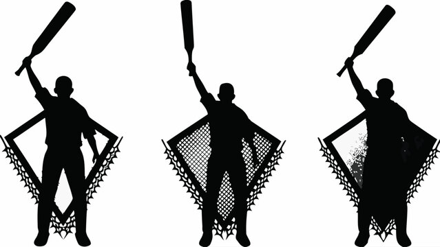 Silhouettes of men holding cricket bats with nets