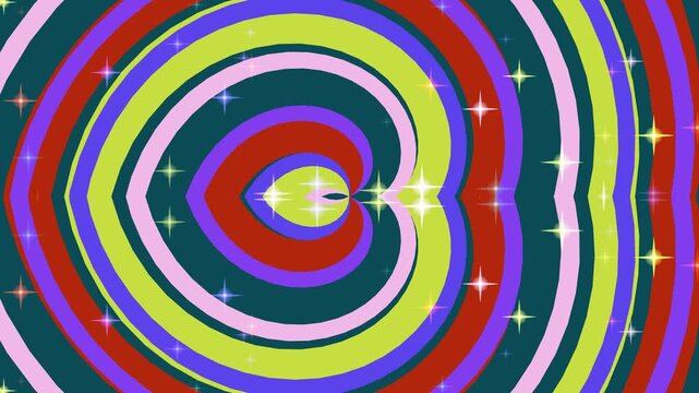Colorful retro abstract heart pattern with bright sparkling stars in vibrant green, red, purple, and blue stripes creating a vivid effect
