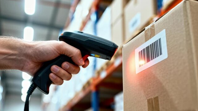 Handheld barcode scanner reading labels on packages stored on shelves in an industrial warehouse.