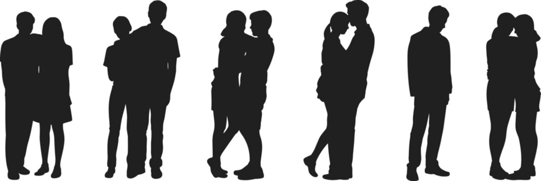Silhouette of couples standing together, hugging, romantic relationship, companionship, intimacy, love, social interaction illustration