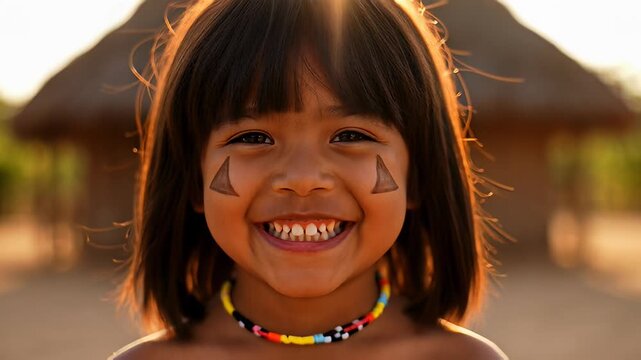 Smiling indigenous child with traditional face paint and a colorful necklace standing in warm sunlight, presented in a cinematic portrait representing diverse cultural heritage.
