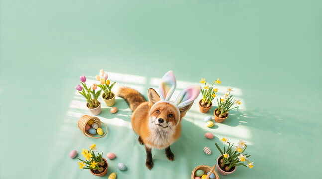 Red fox wearing bunny ears for Easter celebration. Whimsical animal portrait with spring flowers and colorful eggs on mint green background. Copy space