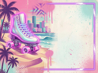 Retro roller skate on sandy beach with palm trees and city skyline