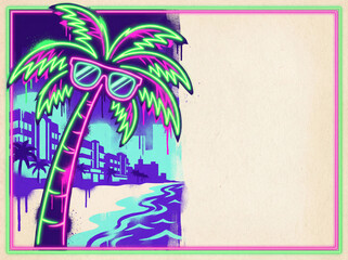 Neon palm tree with sunglasses on a beach with a city skyline
