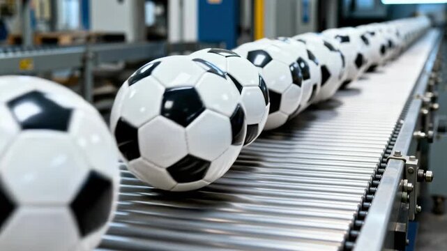 A row of soccer balls moves steadily along an industrial roller conveyor belt in a factory.