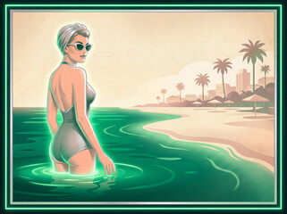 Retro woman in swimsuit stands in glowing water at beach