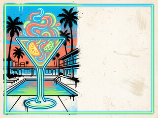 Vibrant neon cocktail glowing by a retro pool and palm trees at sunset