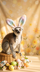 Fototapeta premium Ring-tailed lemur wearing bunny ears sitting on a wicker basket. Exotic animal with Easter eggs and spring flowers. Festive holiday portrait