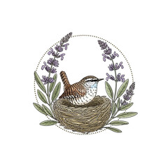 Small Bird in Nest with Lavender and Greenery Illustration. © f collection