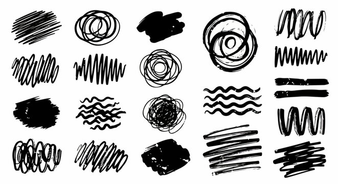 Sammlung handgezeichneter, abstrakter schwarzer Kritzeleien, Pinselstriche und Grunge-Texturen als vielseitige Designelemente f&uuml;r kreative Projekte.