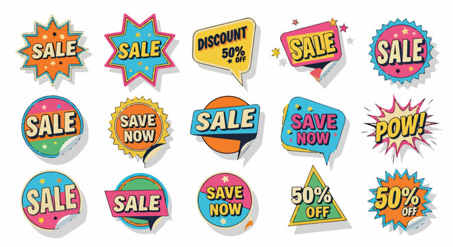 Sammlung von bunten Pop-Art-Verkaufsabzeichen und Rabattaufklebern f&uuml;r Marketing und Online-Werbung.