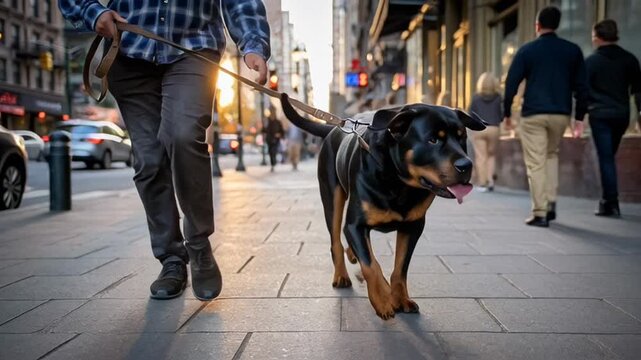 Low angle view of a happy Rottweiler dog walking on a leash with its owner on an urban city sidewalk during golden hour