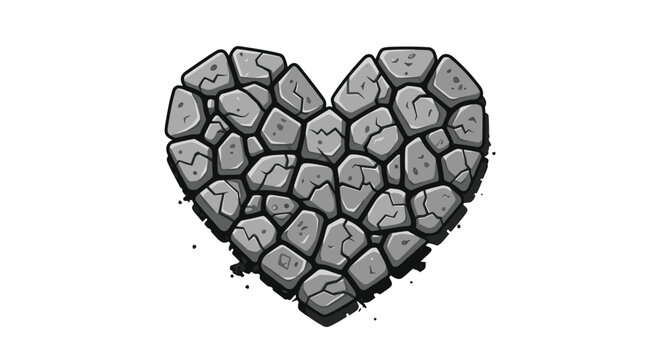 A heart shape is formed by many individual grey stones with cracks and small debris scattered around the base.