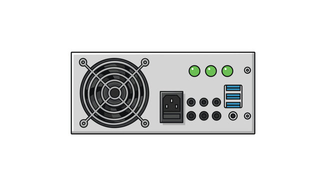A silver computer power supply unit with a cooling fan and multiple connectivity ports is displayed against a plain white background.