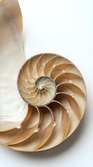 Obraz premium Nautilus shell cross-section showing spiral chambers and golden ratio geometry on white background for educational and design projects.