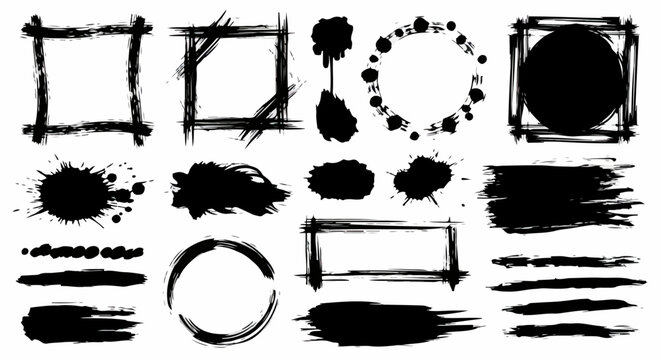 Colecci&oacute;n de trazos de pincel de tinta negra, salpicaduras y marcos grunge para dise&ntilde;o gr&aacute;fico y elementos art&iacute;sticos.
